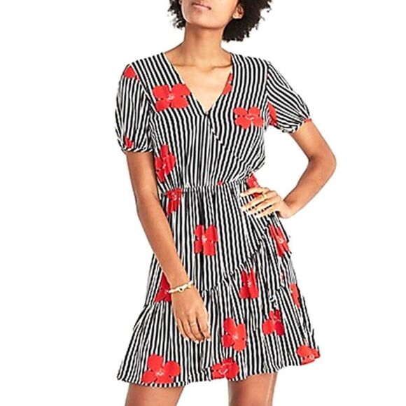 Madewell - Mini Ruffle Wrap Dress, Striped Floral - Size 00, Black, White, Red - Picture 1 of 16
